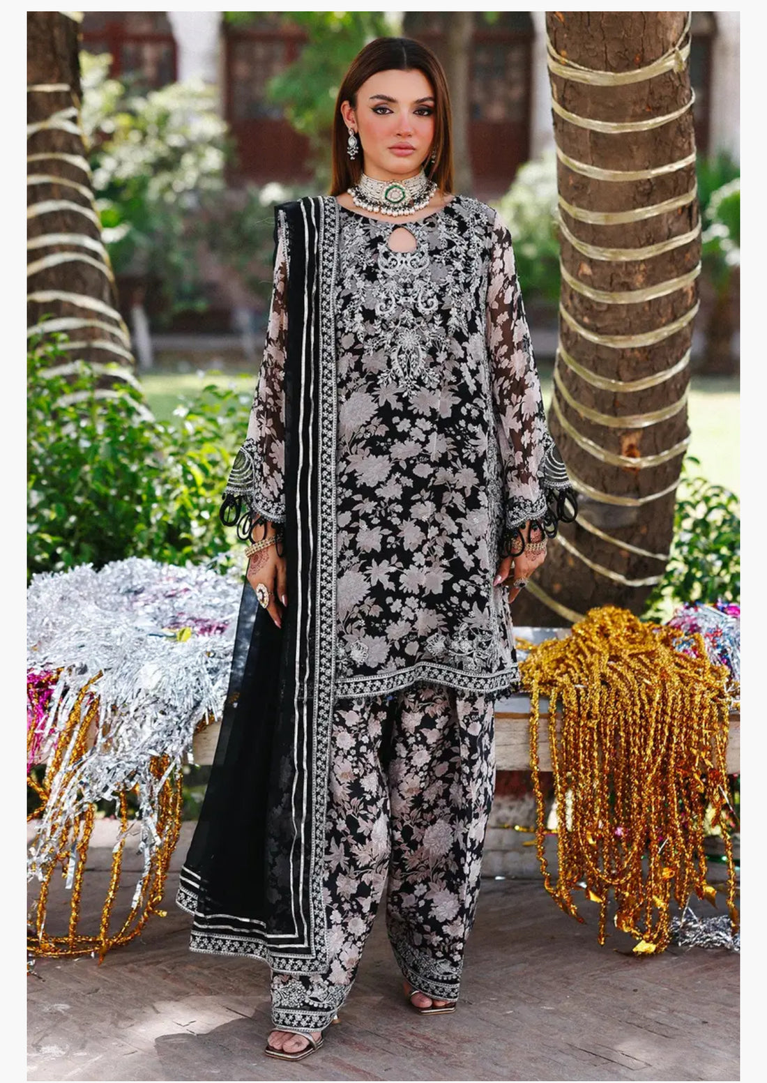 Black Embroidered Chiffon Suit