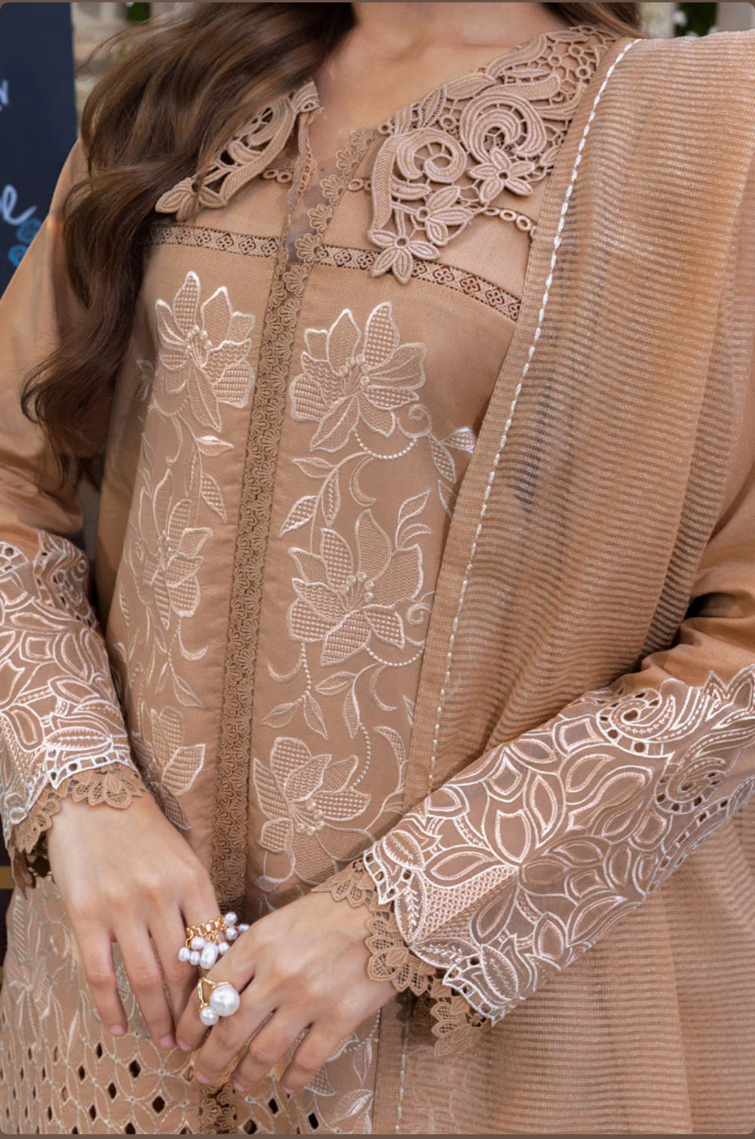 Beige Lawn Suit with Organza Patchwork