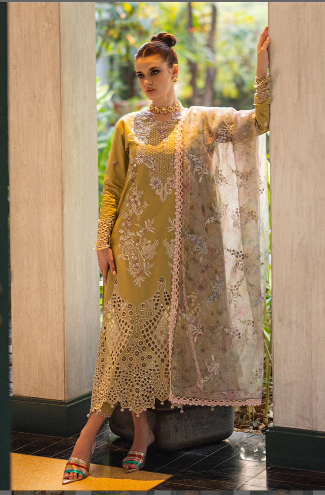 Olive Green Chikan Luxury Lawn Suit
