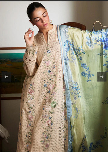 Beige Schiffli Embroidered Ensemble