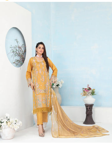 Mustard Embroidered Cotton Silk Suit